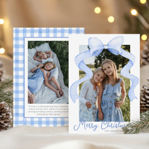 Watercolor Pink Bow Ribbon Sash Christmas Photo Holiday Card