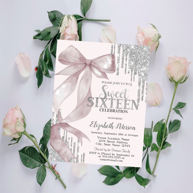 Watercolor Pink Bow Silver Glitter Drips Sweet 16 Invitation (Creator Uploaded)