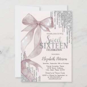 Watercolor Pink Bow Silver Glitter Drips Sweet 16 Invitation