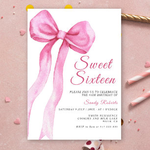 Watercolor Pink Bow Sweet 16 Birthday Invitation