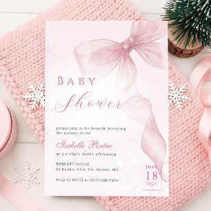 Watercolor Pink Bow Winter Baby Shower Invitation