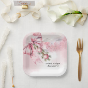 Watercolor Pink Bow with Baubles Baby Shower Paper Plate