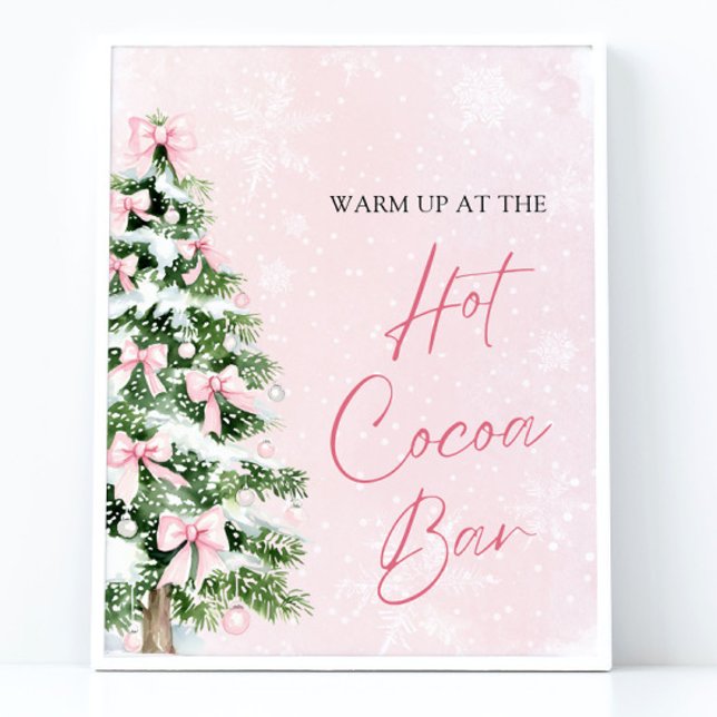 Watercolor Pink Bows Christmas Tree Hot Cocoa Bar Poster (Watercolor Pink Bows Christmas Tree Hot Cocoa Bar Sign)