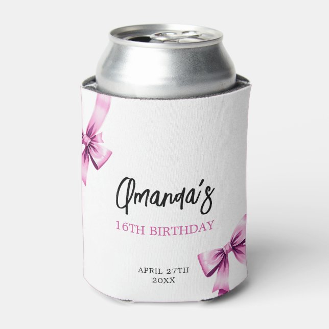 Watercolor Pink Bows Coquette Sweet 16 Birthday Can Cooler (Can Front)