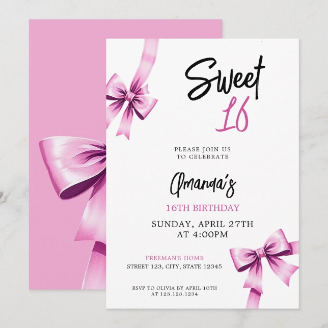 Watercolor Pink Bows Coquette Sweet 16 Birthday Invitation (Front/Back)