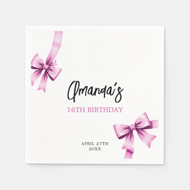 Watercolor Pink Bows Coquette Sweet 16 Birthday Napkin (Front)