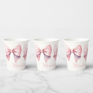 Watercolor Pink Bows Personalised Baby Shower Paper Cups