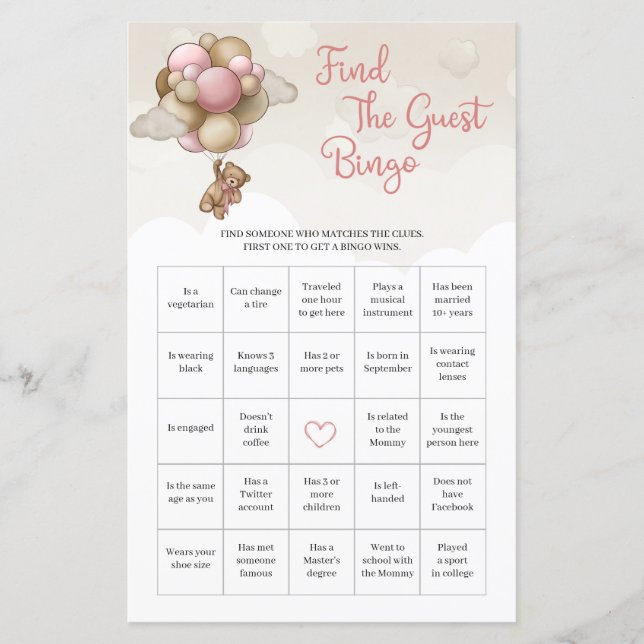 Watercolor pink brown ivory Find The Guest Bingo (Front)