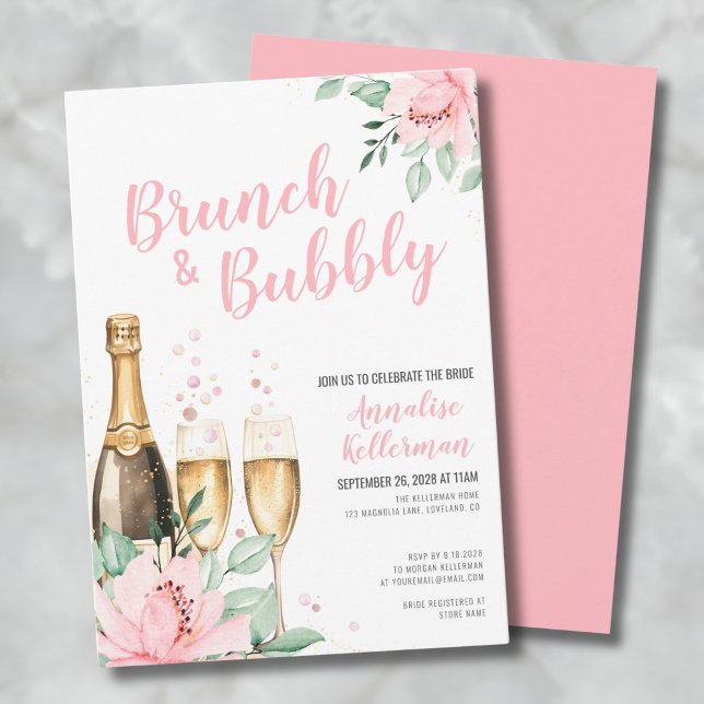 Watercolor Pink Brunch And Bubbly Bridal Shower Invitation (Watercolor Pink Brunch And Bubbly Bridal Shower Invitation)