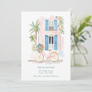 Watercolor Pink Building Bicycle We've Moved Announcement