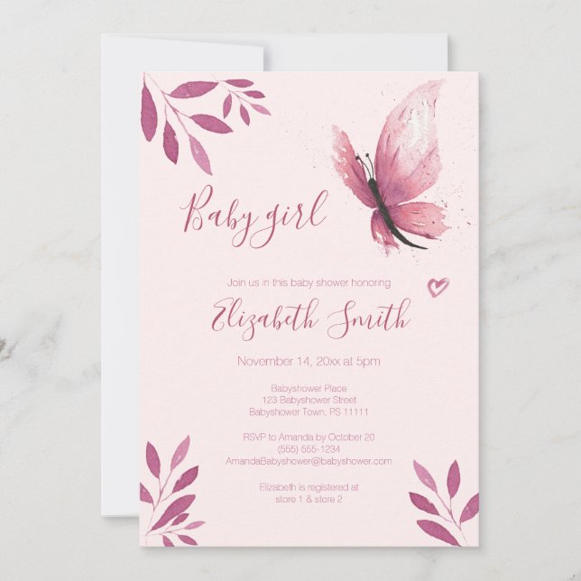Watercolor pink butterfly baby girl babyshower invitation (Front)