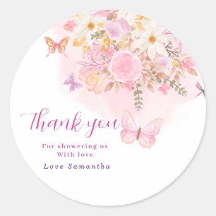Watercolor Pink butterfly Floral Baby Shower  Classic Round Sticker
