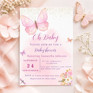 Watercolor Pink butterfly Floral Baby Shower  Invitation