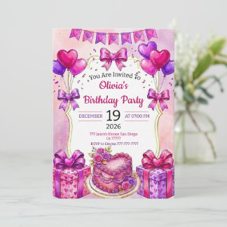 Watercolor Pink Cake and Floral Heart Birthday Invitation