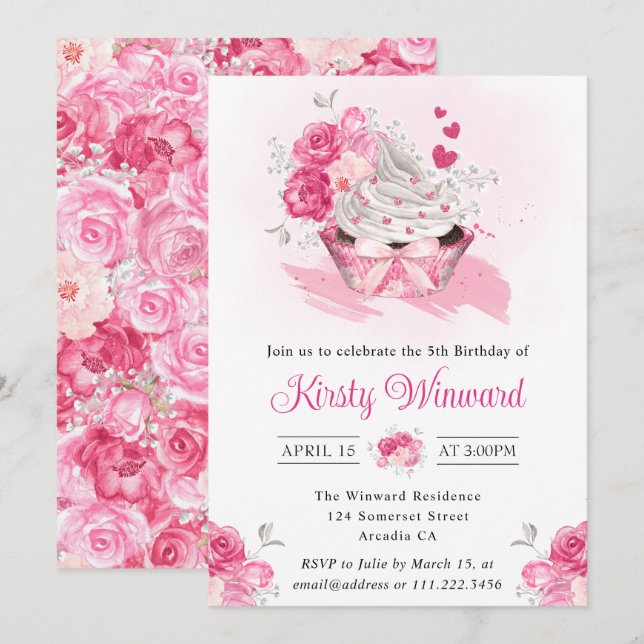 Watercolor Pink Cake and Flowers Birthday Party Invitation (Front/Back)