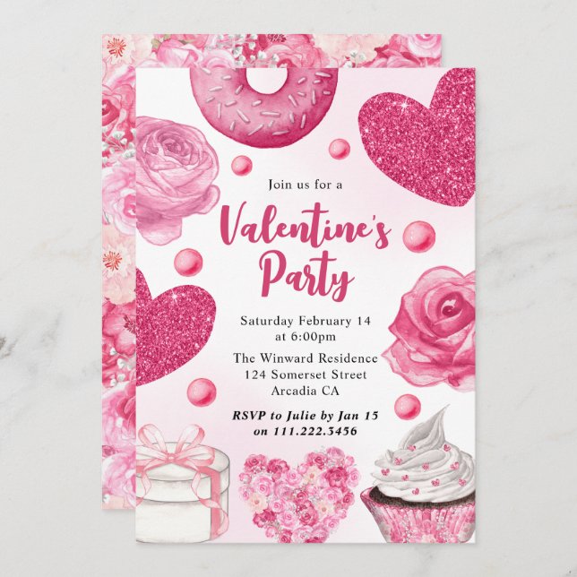 Watercolor Pink Cakes and Treats Valentine's Party Invitation (Front/Back)