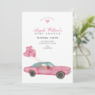Watercolor pink car baby shower invitation