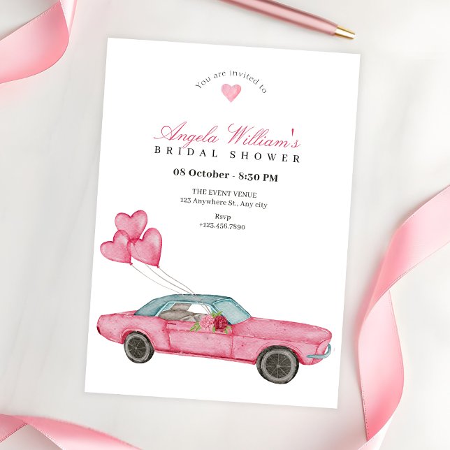 Watercolor pink car bridal shower invitation (Creator Uploaded)