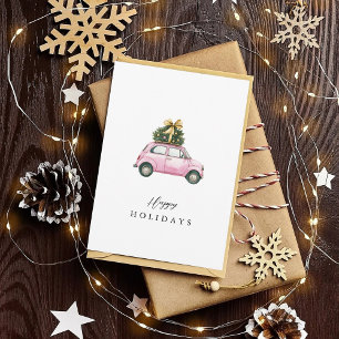 Watercolor Pink Car Christmas Tree Happy Holidays Holiday Card