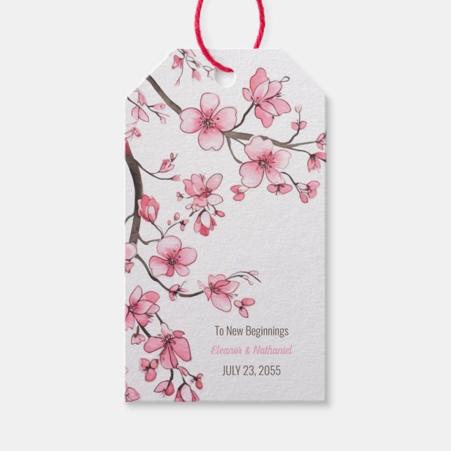 Watercolor Pink Cherry Blossom Floral Wedding Gift Tags (Front)