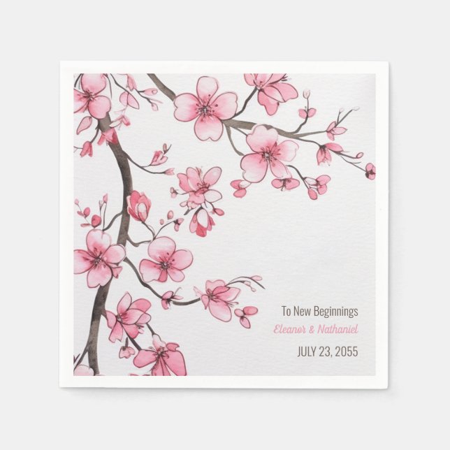 Watercolor Pink Cherry Blossom Floral Wedding Napkin (Front)
