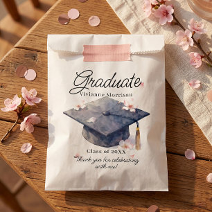 Watercolor Pink Cherry Blossoms and Graduation Cap Favour Bags
