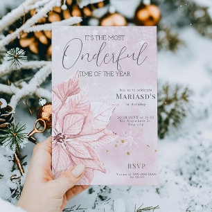 watercolor Pink Christmas flower 1st birthday Invitation