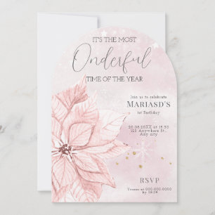 watercolor Pink Christmas flower 1st birthday Invitation
