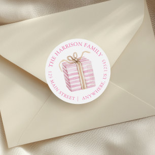Watercolor Pink Christmas Present Return Address Classic Round Sticker