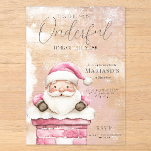 watercolor Pink Christmas Santa 1st birthday Acrylic Invitations