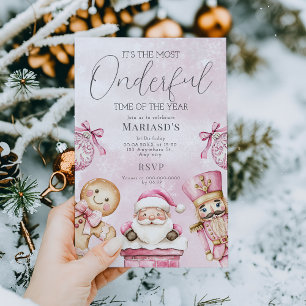 watercolor Pink Christmas Santa 1st birthday Invitation