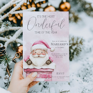 watercolor Pink Christmas Santa 1st birthday Invitation
