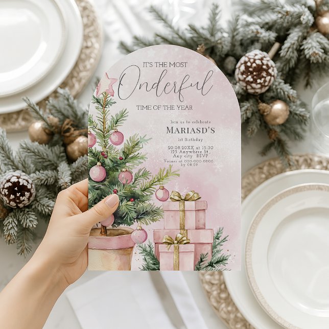 watercolor Pink Christmas Tree 1st birthday  Invitation (Creator Uploaded)