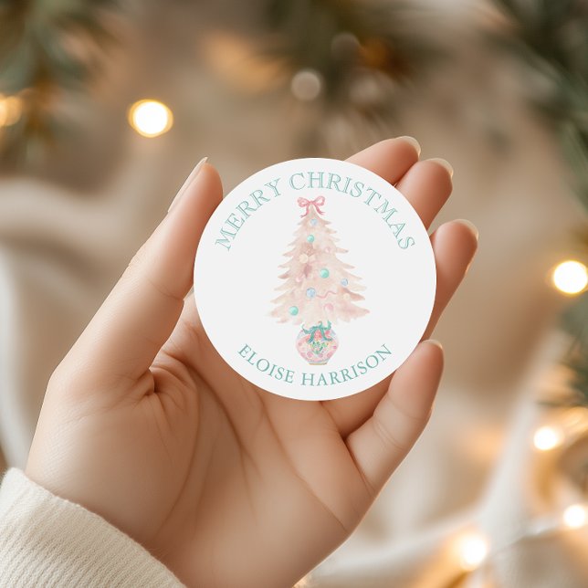 Watercolor Pink Christmas Tree Grandmillennial Classic Round Sticker (Creator Uploaded)