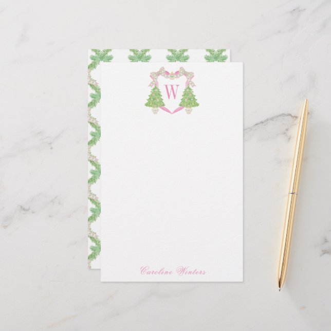 Watercolor Pink Christmas Tree Monogram Crest Stationery (Front/Back In Situ)