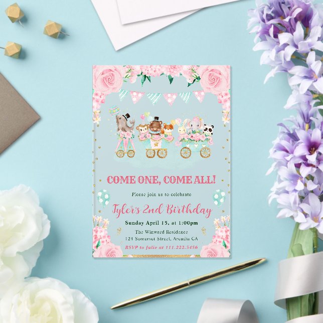 Watercolor Pink Circus Animals Birthday Party Acrylic Invitations (Insitu (Wedding))