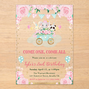 Watercolor Pink Circus Animals Birthday Party Acrylic Invitations