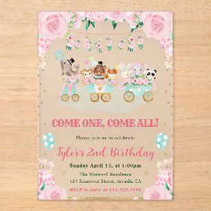 Watercolor Pink Circus Animals Birthday Party Acrylic Invitations
