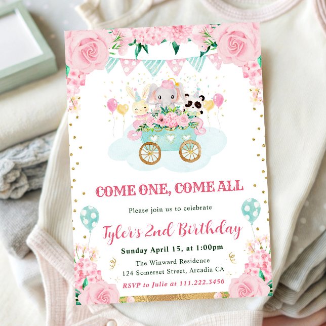 Watercolor Pink Circus Animals Birthday Party Invitation (Creator Uploaded)