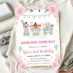 Watercolor Pink Circus Animals Birthday Party Invitation