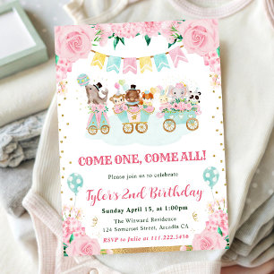 Watercolor Pink Circus Animals Birthday Party Invitation