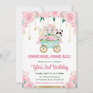 Watercolor Pink Circus Animals Birthday Party Invitation
