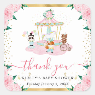 Watercolor Pink Circus Animals Floral Baby Shower Square Sticker