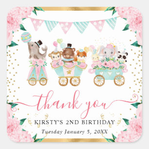 Watercolor Pink Circus Animals Floral Birthday Square Sticker