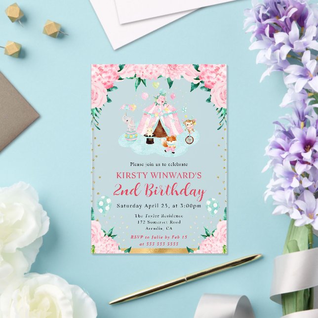 Watercolor Pink Circus Animals Kids Birthday Acrylic Invitations (Insitu (Wedding))