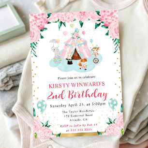 Watercolor Pink Circus Animals Kids Birthday Invitation