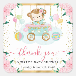 Watercolor Pink Circus Monkey Floral Baby Shower Square Sticker