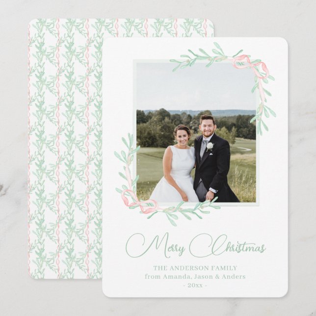 Watercolor Pink Classic Southern Photo Christmas Holiday Card (Front/Back)