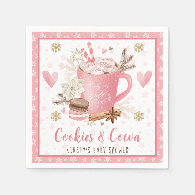 Watercolor Pink Cookies and Cocoa Baby Shower Napkin (Front)