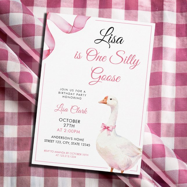 Watercolor Pink Coquette Silly Goose 1st Birthday Invitation (Creator Uploaded)